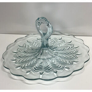 Vintage Jeanette Glass Feather Serving Tray Center Keyhole Handle Light Blue MCM